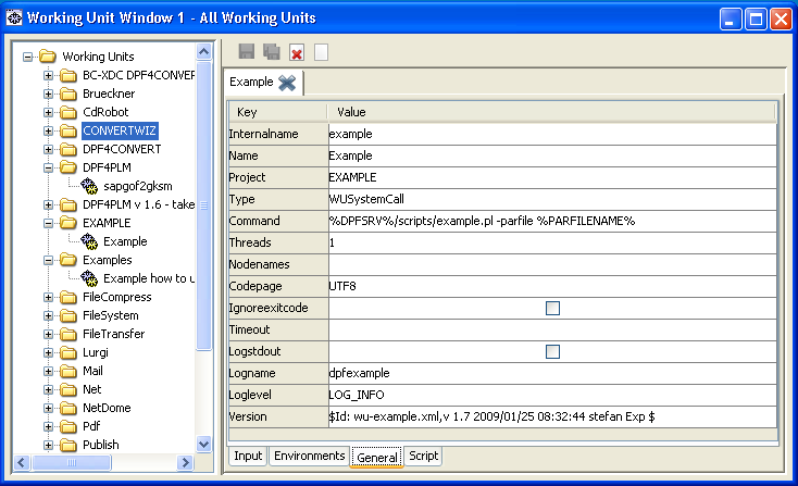 Screenshot of DPF Director showing the general settings of a working unit