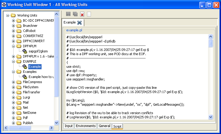 Screenshot of DPF Director showing the script of a working unit
