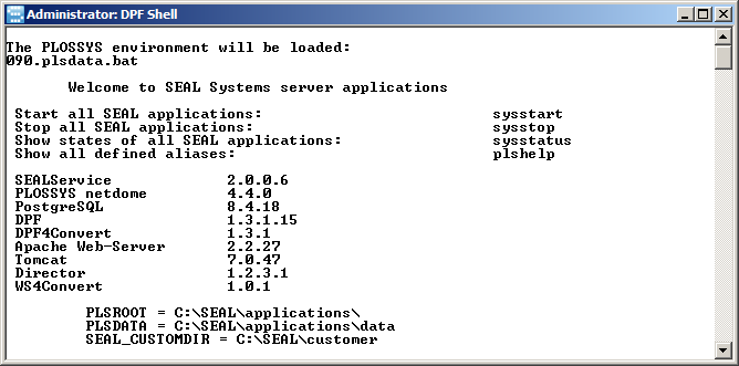 Screenshot of the welcome message in DPF Shell