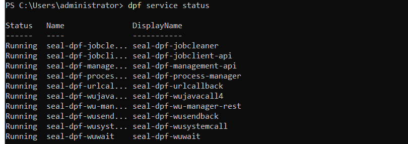 Screenshot showing the running SEAL services in a shell output.