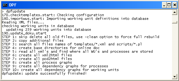 Screenshot showing the output of the dpfupdate command in the DPF Shell