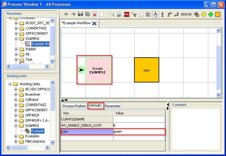 The screenshot of DPF Director shows the Defaults tab of a working unit with parameters.