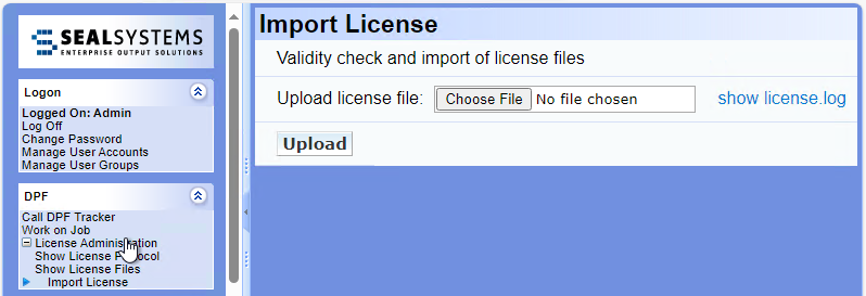 Import license dialog in SEAL Control Center